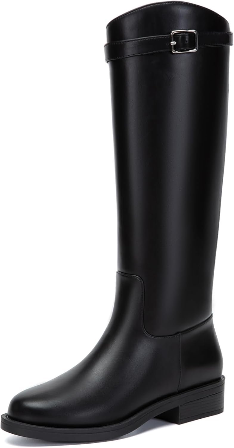 Women's Knee High Riding Boots Round Toe Low Heel Tall Boots ll On Long Booties with Buckle