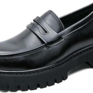Men's Leather Platform Chunky Slip-On Penny Loafers Classic Round Toe Lug Sole Business Casual Formal Work Shoes