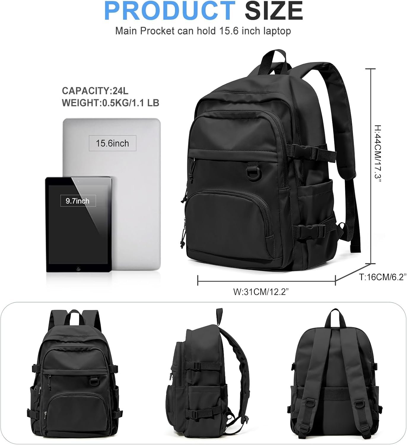 Lightweight Black Backpack for Women Men Cute Bag for Teens Boys High Backpack for Students Waterproof Casual Daypack Backpack - Image 2