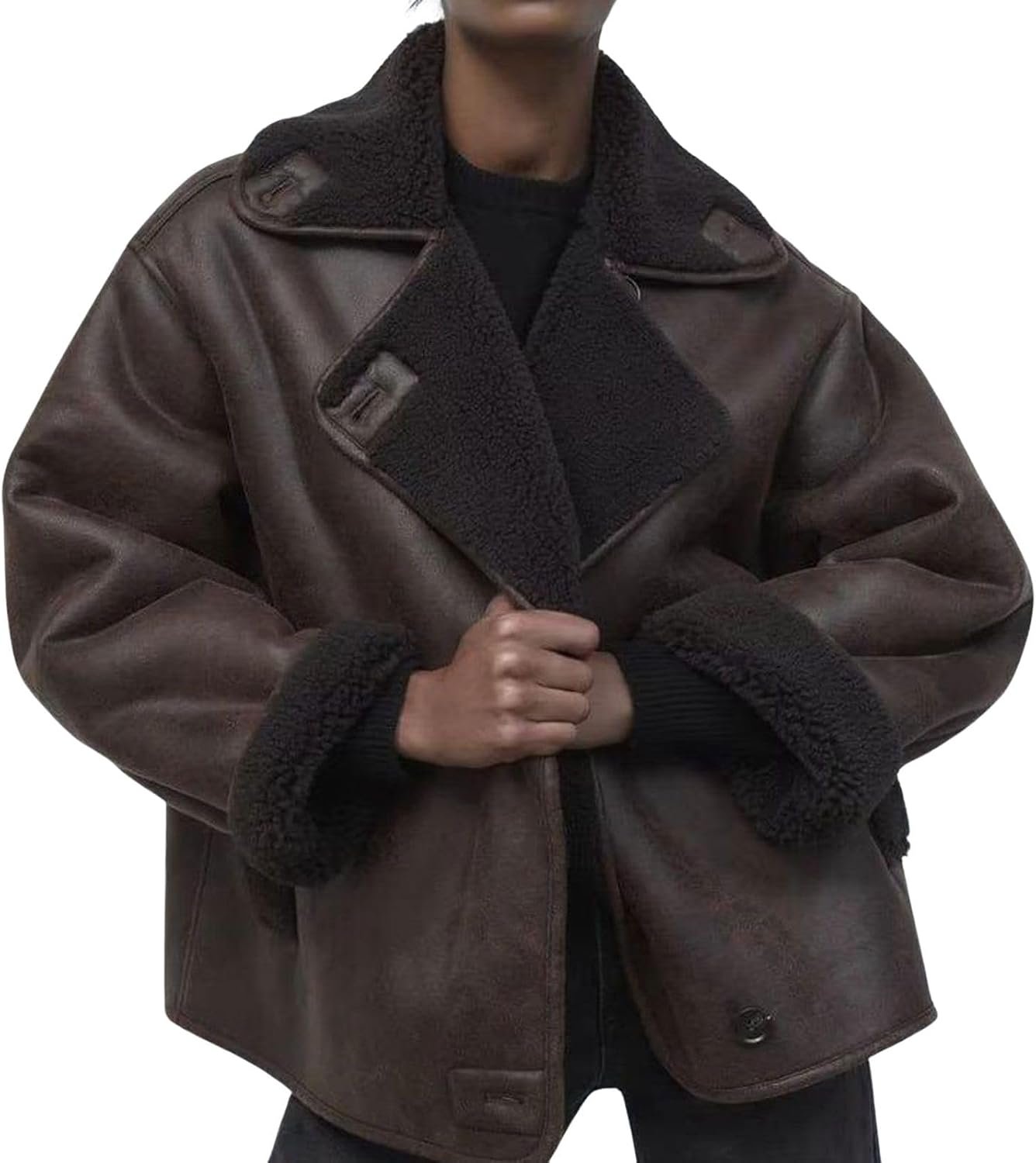Women Thick Sherpa Lined Faux Suede Jacket d Leather Coat Shearling Fleece Moto Jacket Biker Winter Overcoat