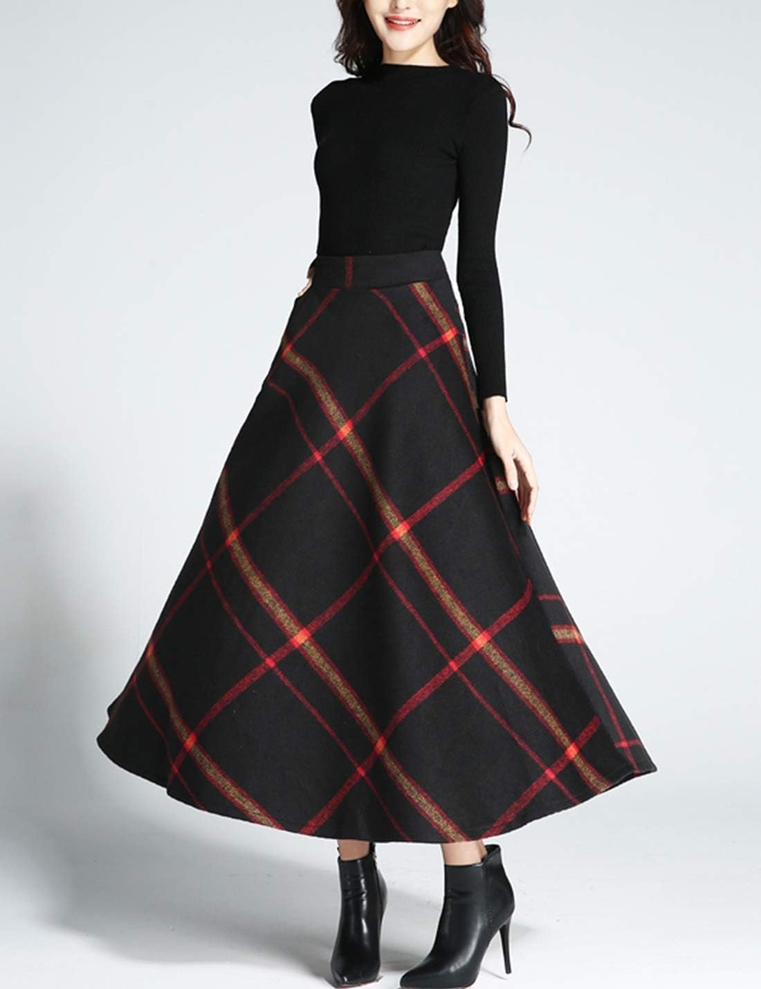 Women Winter Warm Elastic Waist Wool Plaid A-Line Pleated Long Skirt - Image 2