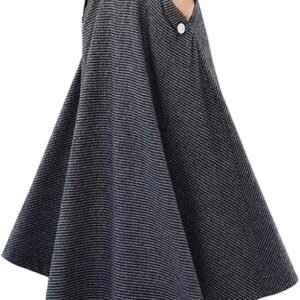 Women’s Fall Winter High Waisted Wool Plaid A-line Long Skirt