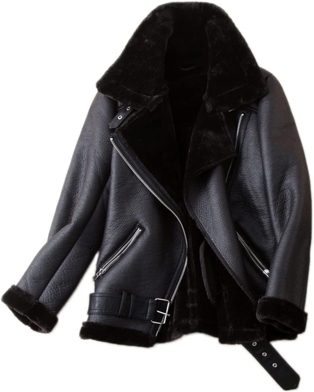 Women Faux Shearing Moto Jacket Thick Lined Parka Winter Shearling Coat Leather Jacket