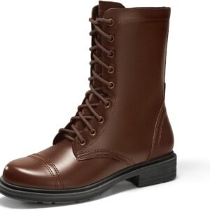 Womens Mid Calf Combat Boots Low Heel Lace Up Round Toe Military Boots Fall Shoes with Side Zipper