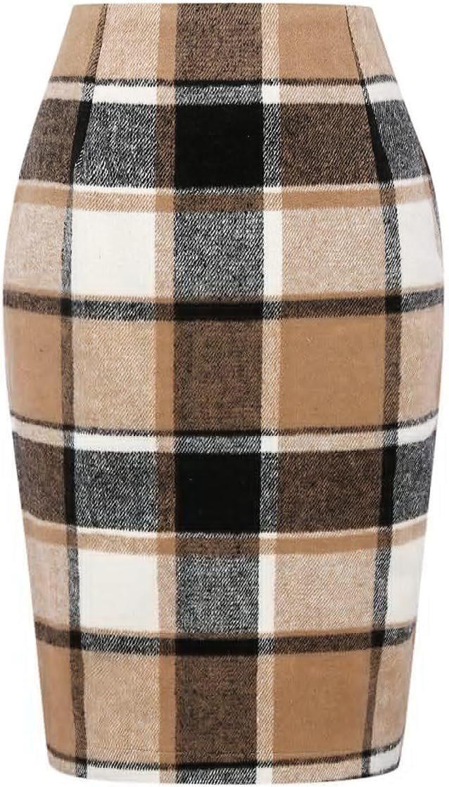 Plaid Skirts for Women Fall Winter Knee Length Pencil Wool Skirt with Slit