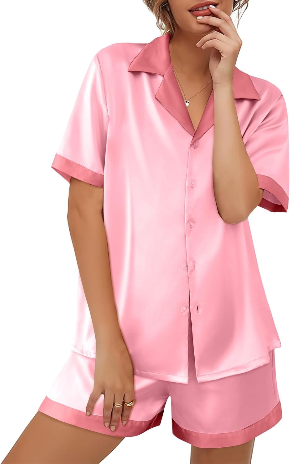 Womens Silk Satin Pajamas Set Button Down Short Sleeve Lounge Set 2 Piece Notch Collar Sleepwear Sets Soft Pjs S-XXL