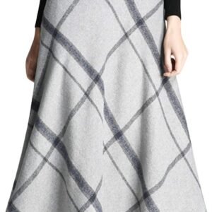 Women Winter Warm Elastic Waist Wool Plaid A-Line Pleated Long Skirt