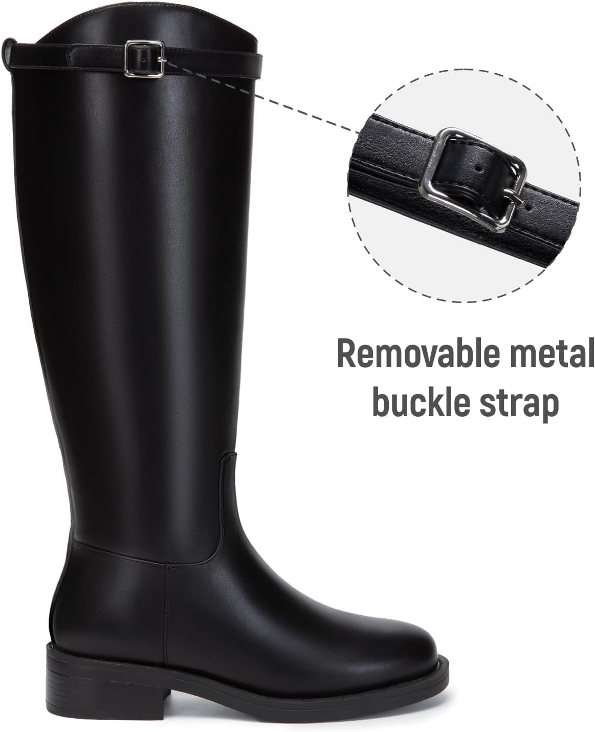 Women's Knee High Riding Boots Round Toe Low Heel Tall Boots ll On Long Booties with Buckle - Image 2