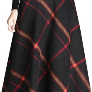 Women Winter Warm Elastic Waist Wool Plaid A-Line Pleated Long Skirt