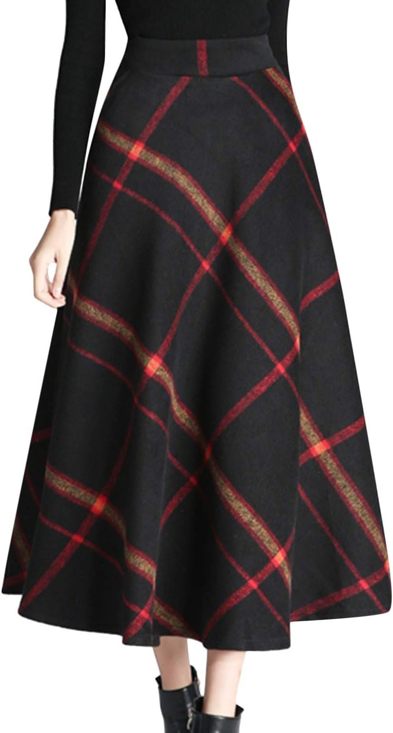 Women Winter Warm Elastic Waist Wool Plaid A-Line Pleated Long Skirt