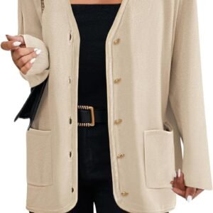 Women's V Neck Button Long Cardigan Sweater Casual  Fall Knit Sweater Blazer with Pockets