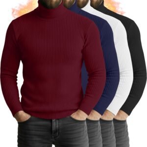 4 Pack Men's Turtleneck Long Sleeve Shirts Cotton Ribbed Sweater Mock Neck Pullover Casual Tops Slim Fit Layer