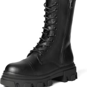 Women's Combat Boots Lace up Mid Calf Boots Low Heel Chunky Platform Lug Sole Riding Boots