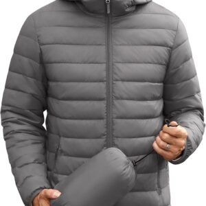 Mens Packable Puffer Jacket Lightweight Hooded Insulated Winter Coat Windproof Zipper Down Jacket