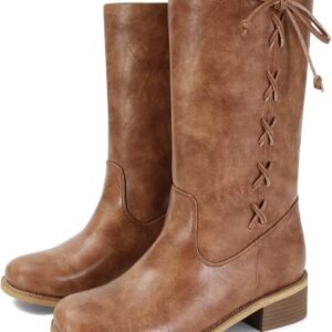 Mid Calf Boots for Women Wide Lace up Chunky Low Heel Booties Comfortable Round Toe Retro Cute Fall Winter Boot