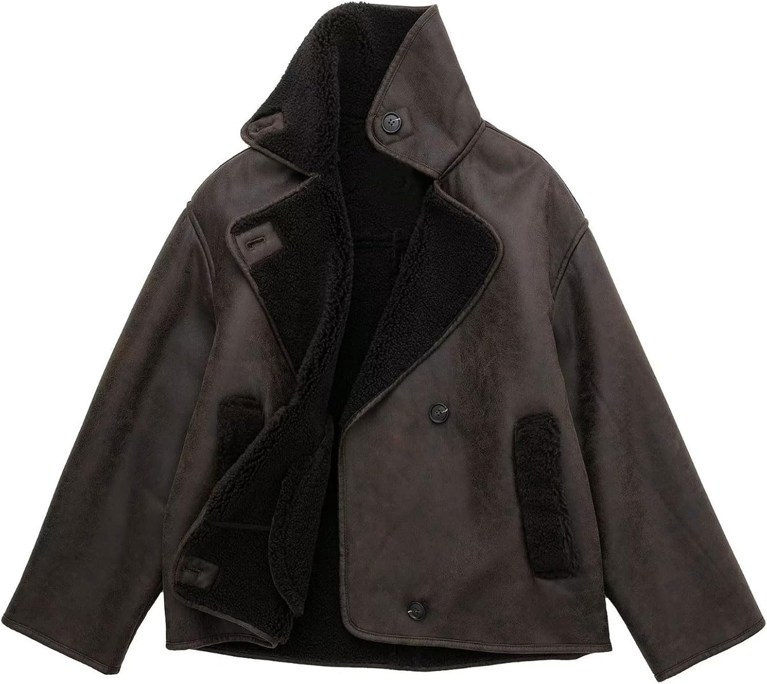 Women Thick Sherpa Lined Faux Suede Jacket d Leather Coat Shearling Fleece Moto Jacket Biker Winter Overcoat - Image 2
