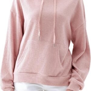 Womens Drawstring Lightweight Hoodies Ribbed Knit Long Sleeve Regular Fit Pullover Sweatershirt Fall Outfits
