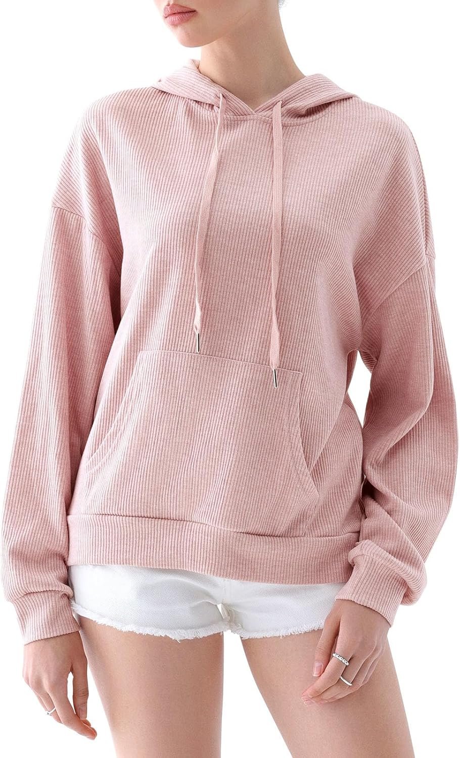 Womens Drawstring Lightweight Hoodies Ribbed Knit Long Sleeve Regular Fit Pullover Sweatershirt Fall Outfits