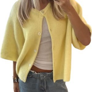 Women  Knitted Crop Cardigan Short Sleeve Button Up Rib Knit Solid Color Cute Sweater Shirt