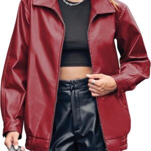 Women d Leather Jackets Faux Casual Zip Up Trendy Bomber Motorcycle Jacket with Pockets