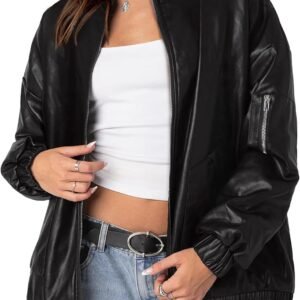 Faux Leather Jacket Women d Motorcycle Bomber Coats Zip Up Sleeve Pocket  Fall Winter Clothes