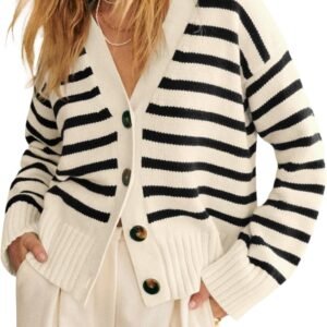 Womens Striped Cardigan Sweaters V Neck Button Down Long Sleeve Open Front Ribbed Knit Outerwear