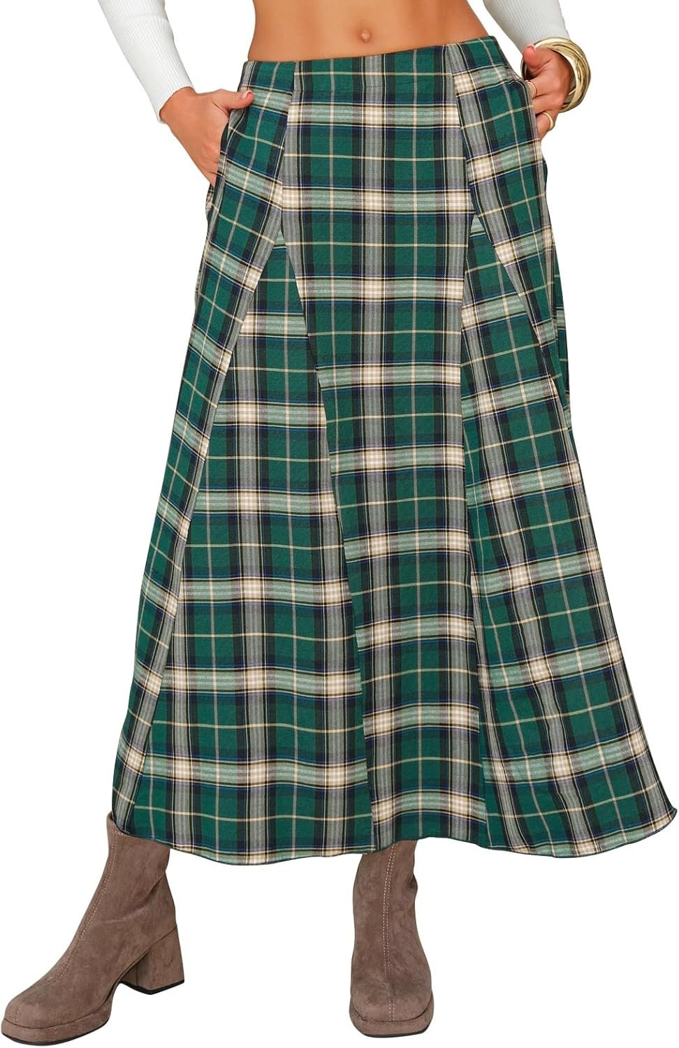 Women Flannel Plaid Long Skirts High Waist A Line Flared Pleated Maxi Skirt Dress Casual Vintage Office with Pockets