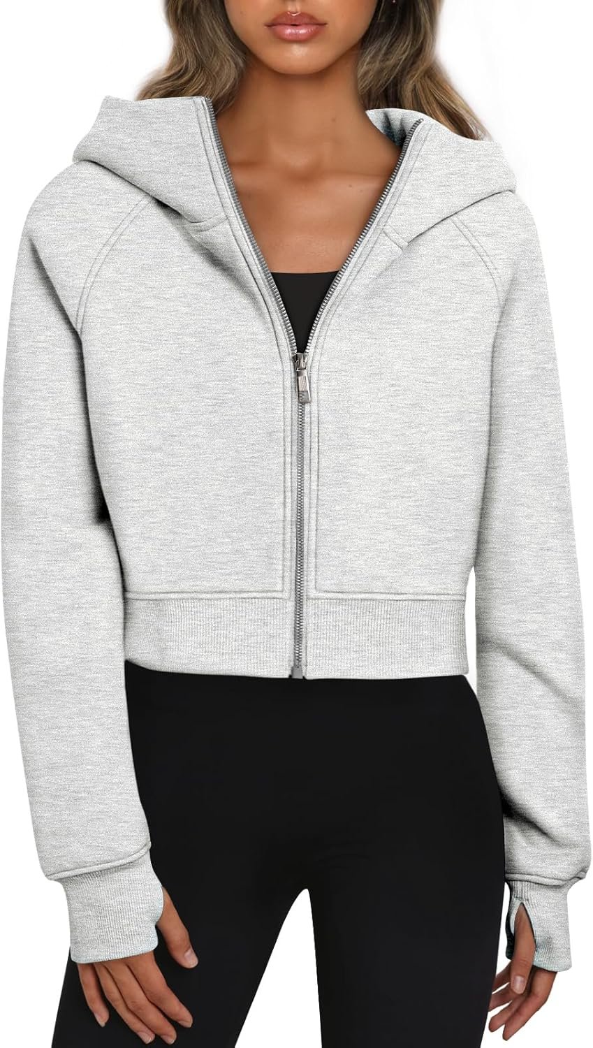 Womens Zip Up Hoodies Jackets Cropped Sweatshirts Fleece Fall Outfits Casual Comfy Tops Winter Clothes