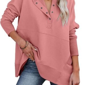 Womens Oversized Hoodies and Sweatshirt V Neck Button up Loose Fit Henley Shirt  Fall Fashion