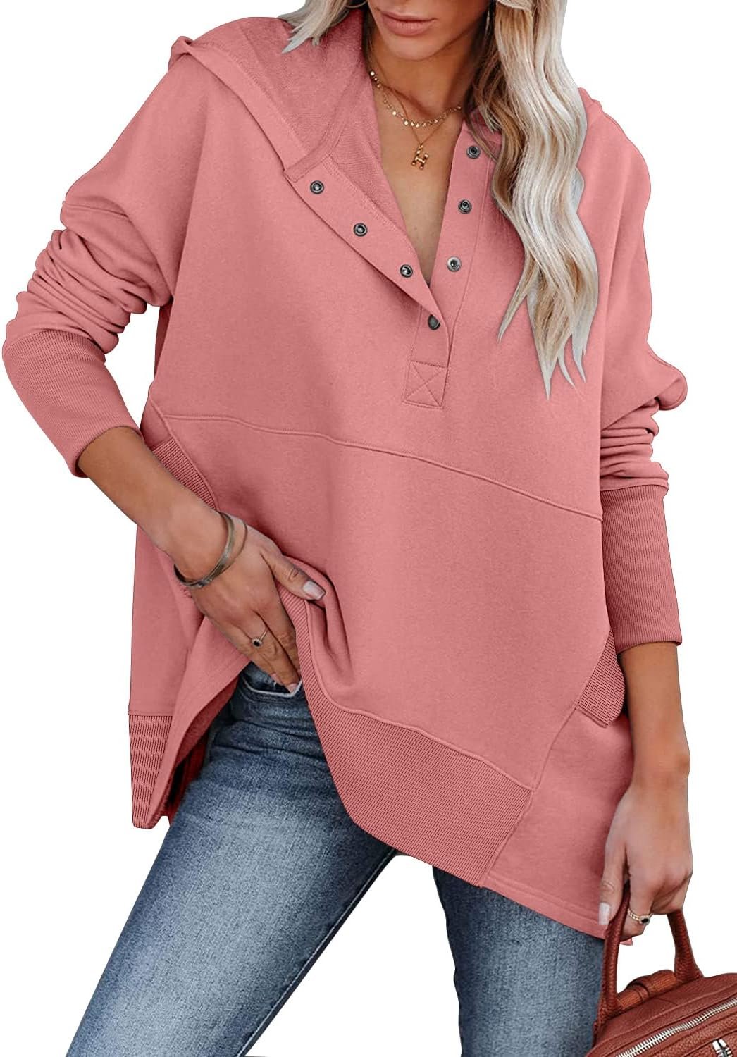 Womens Oversized Hoodies and Sweatshirt V Neck Button up Loose Fit Henley Shirt Fall Fashion