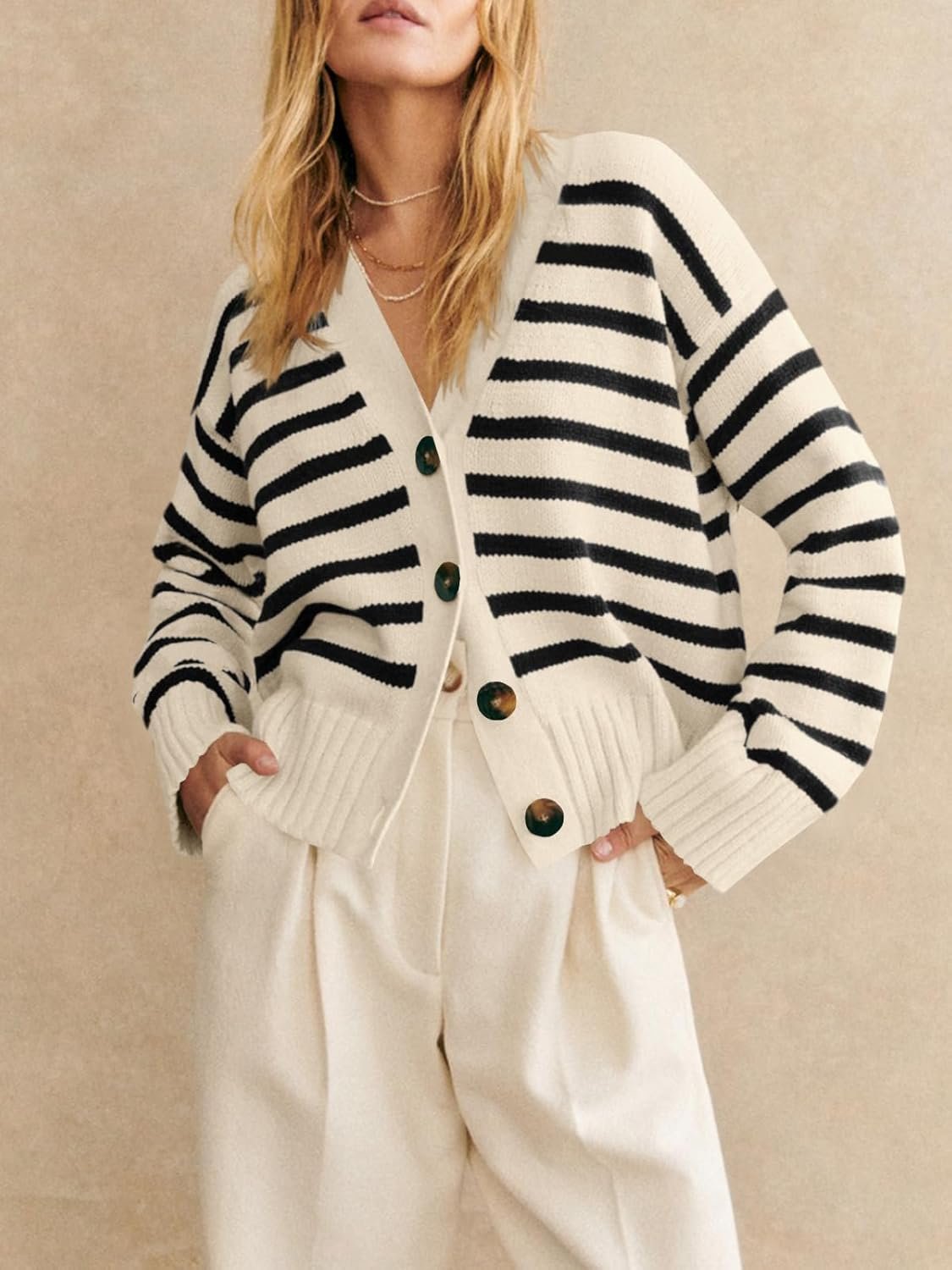 Womens Striped Cardigan Sweaters V Neck Button Down Long Sleeve Open Front Ribbed Knit Outerwear - Image 2