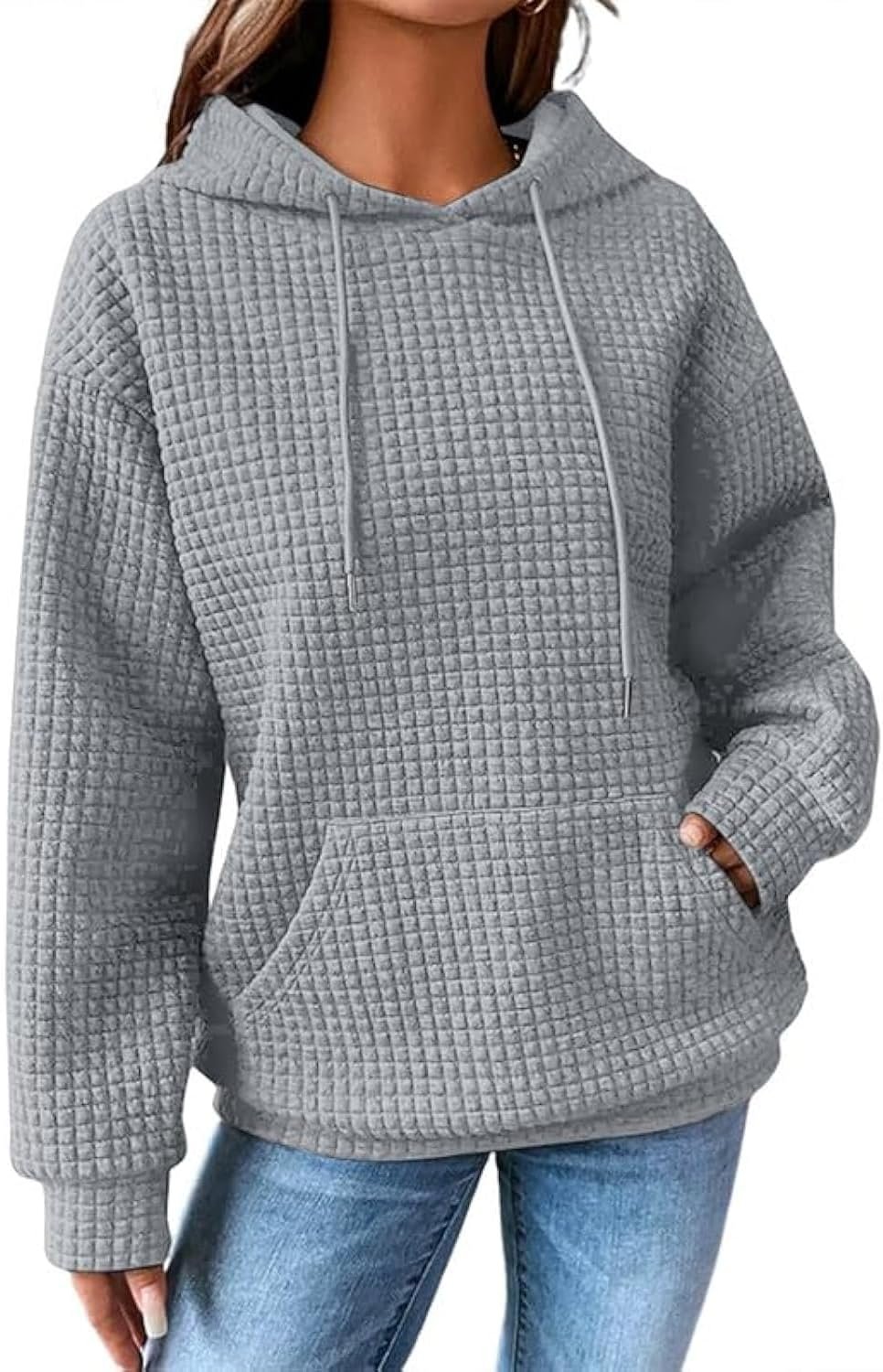 Womens Hoodies Casual Long Sleeve Drawstring Waffle Pullover Tops Loose Hooded Sweatshirt with Pocket - Image 2