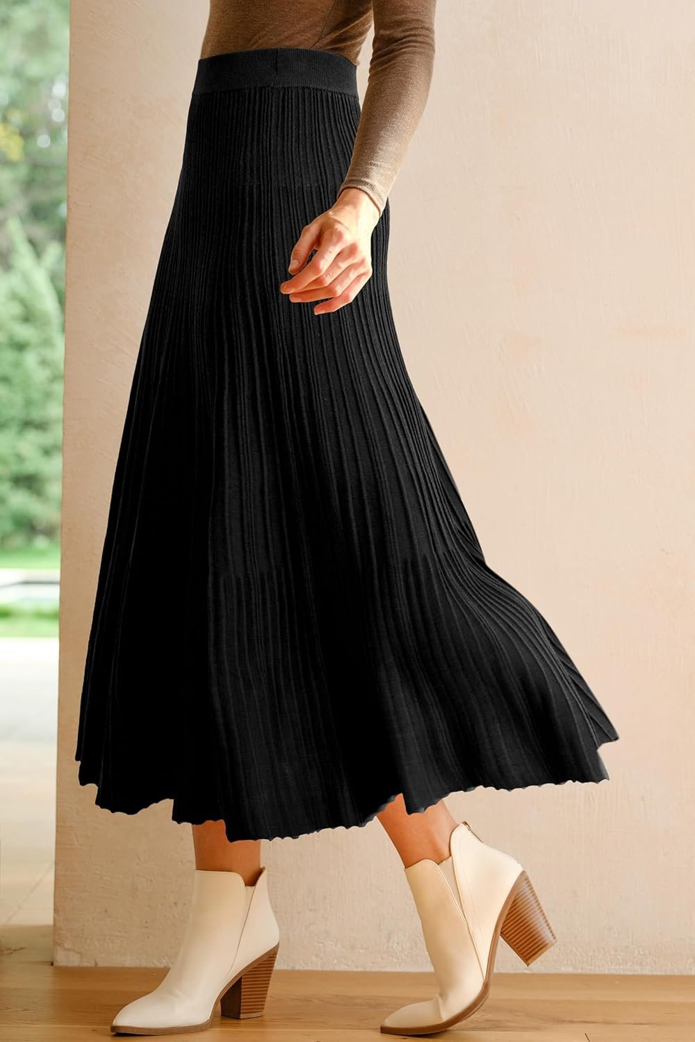 Women Wool Blend Wide Elastic Band A-Line Pleated Flowy Long Skirts - Image 2