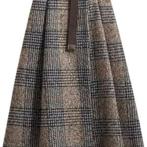 Women Vintage Plaid Wool Blend Midi Skirt Houndstooth A Line Wool Long Skirt with Belt