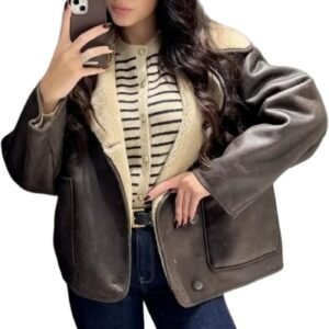 Women Lapel Fleece Lined Single Breasted Faux Suede Jacket d Leather Trucker Coat