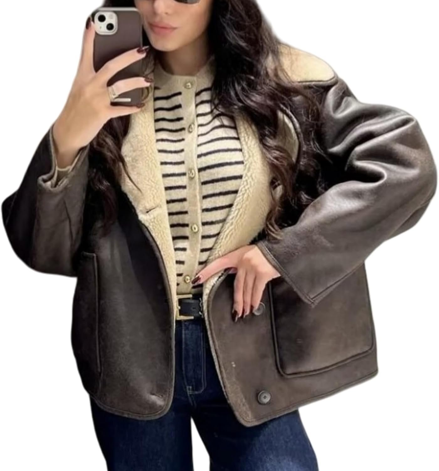 Women Lapel Fleece Lined Single Breasted Faux Suede Jacket d Leather Trucker Coat