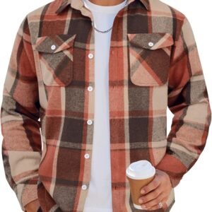 Men Flannel Shirt Casual Button Down Shirt Jacket Long Sleeve Plaid Shirts with Pockets