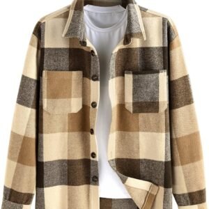 Men's Plaids Shirt Long Sleeve Button Down Lightweight Flannel Jacket Wool Blend Shacket Casual Shirts with Pockets