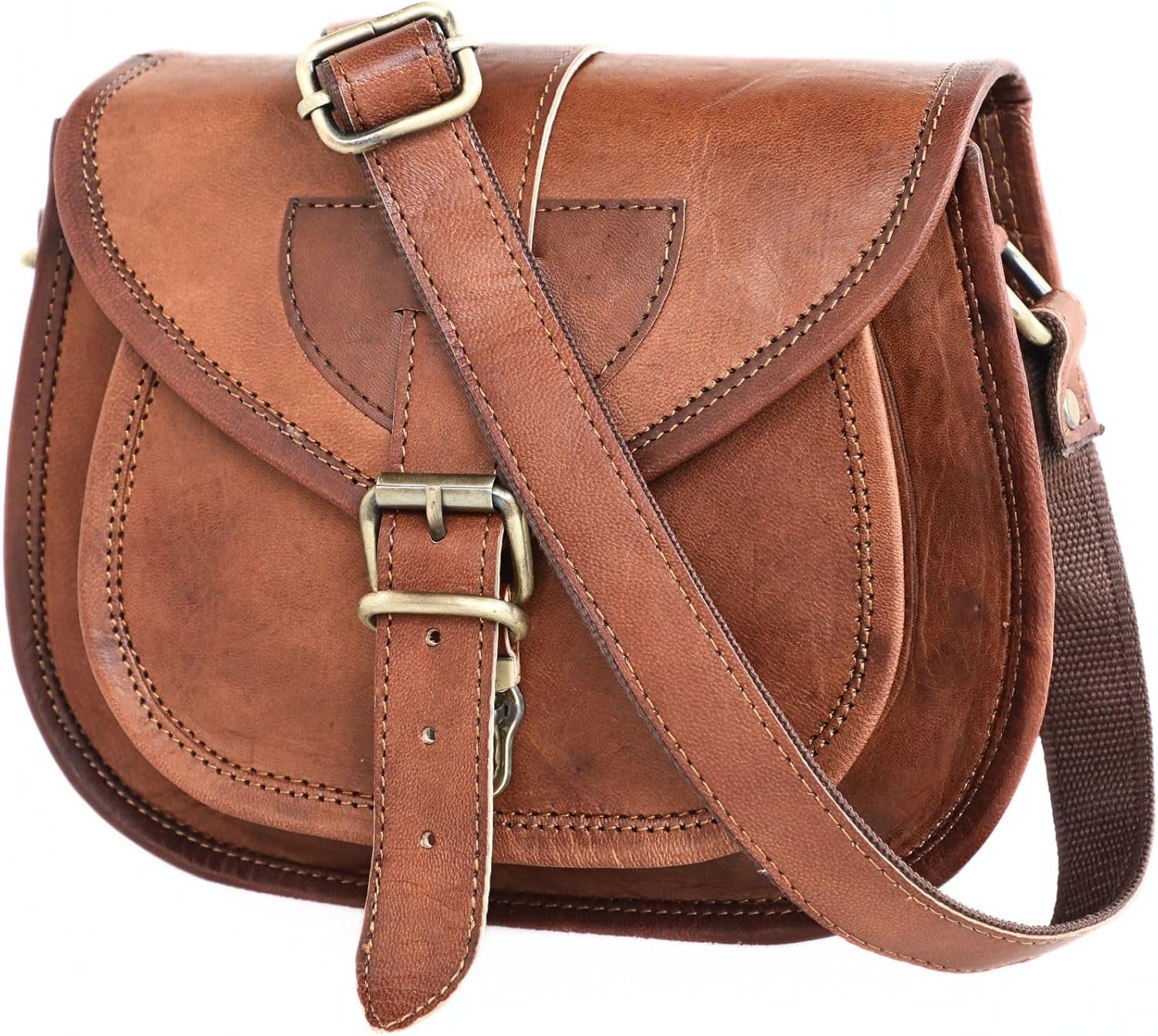 Vintage Brown Leather Satchel for Women - Genuine Leather Crossbody Saddlebag Handbag - Distressed Womens Brown Leather Crossbody Bags, 9-inch