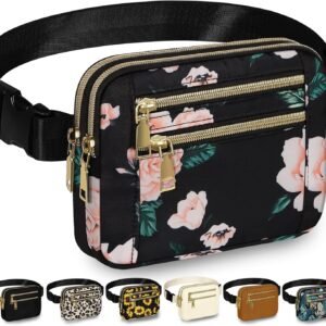 Fanny Packs for Women Fashion Waist Packs Bag with Adjustable Strap and 4 Zipper Pockets Waterproof Everywhere Crossbody Belt Bag for Workout Running Travelling(Black Flower)