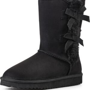 Womens Suede Snow Boots Mid-Calf Winter Shoes with Side Bows