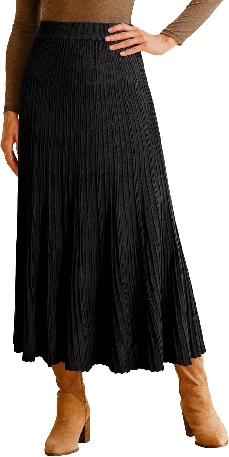 Women Wool Blend Wide Elastic Band A-Line Pleated Flowy Long Skirts