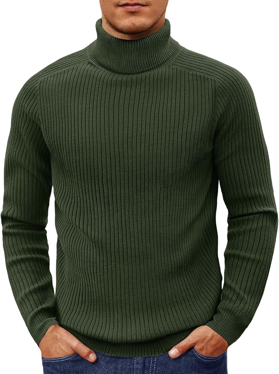 Men's Knit Turtleneck Sweater Ribbed Long Sleeve Solid Pullover Sweater Casual Winter Thermal Sweater Tops