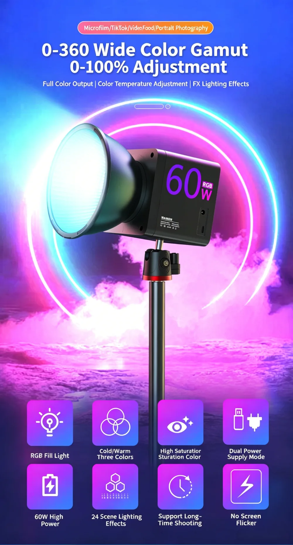 60W Outdoor Handheld Portable RGB Fill Light
