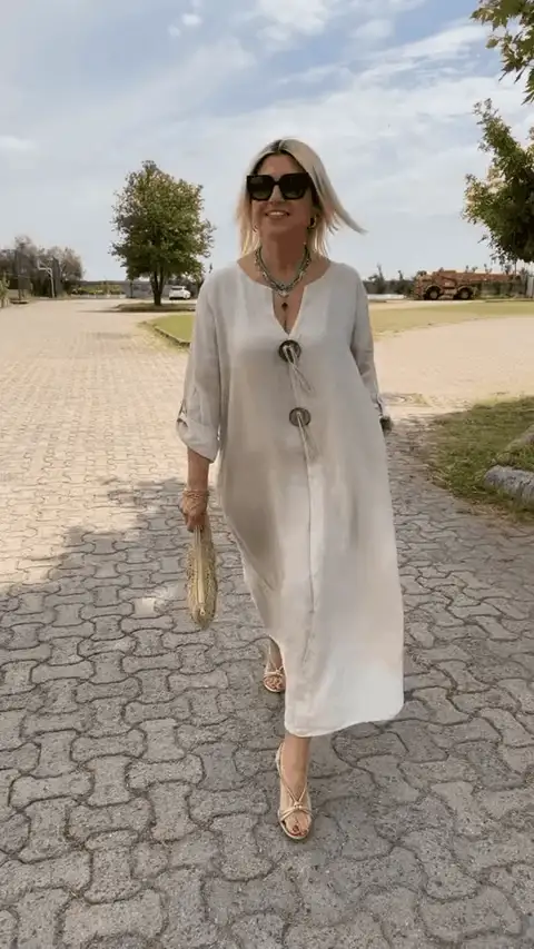 Casual V-neck Cotton and Linen Dress