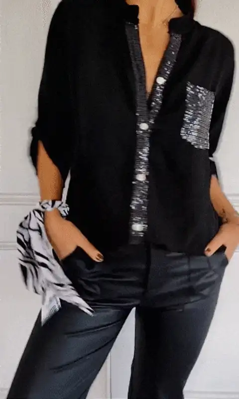 Cotton V-neck Sequin Mid-sleeve Casual Top