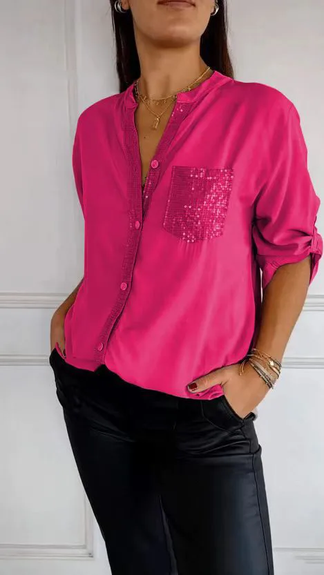 Cotton V-neck Sequin Mid-sleeve Casual Top