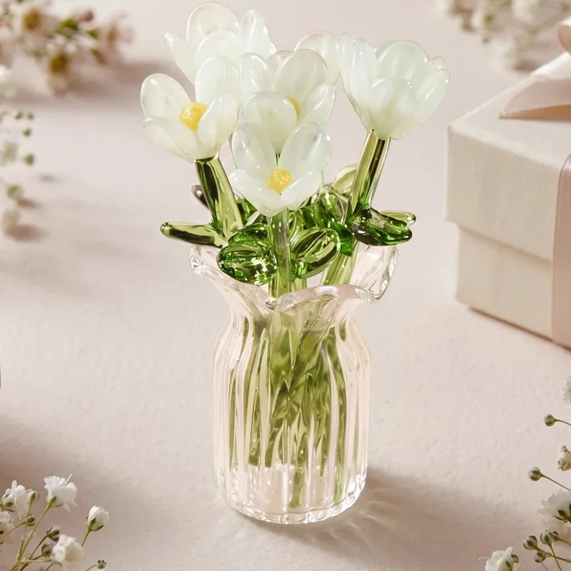 Miniature Colored Glass Flower Figurine Set