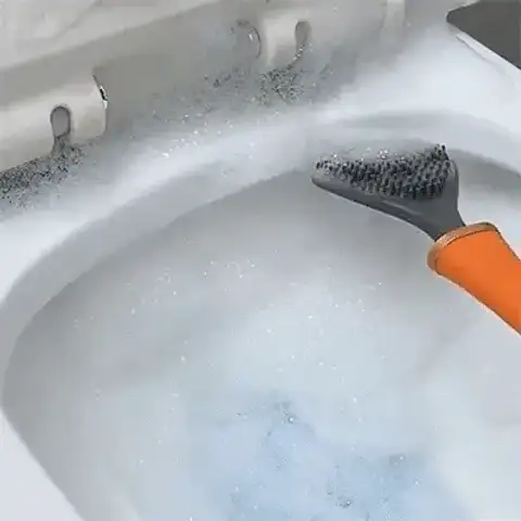 A gif demonstrating the use of the BRUSH toilet cleaner