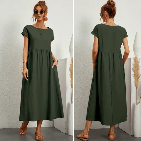 Solid Color Sleeveless Loose Cotton and Linen Pocket Dress
